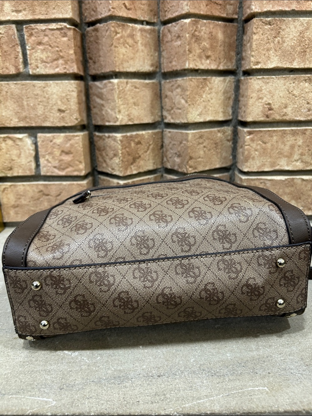 NWOT Guess Studded Monogram Satchel Handbag in Brown - Picture 4 of 6